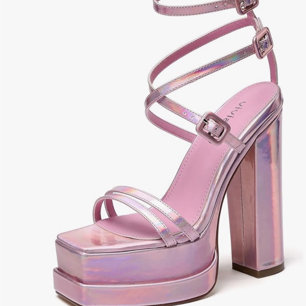 ✨SOLD✨PINK Y2K DISCO HOLOGRAPHIC SQUARE TOE PLATFORM CHUNCKY HEElS W/ STRAPS!